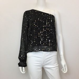 Walter Baker Crop One Sleeve Beaded Blouse